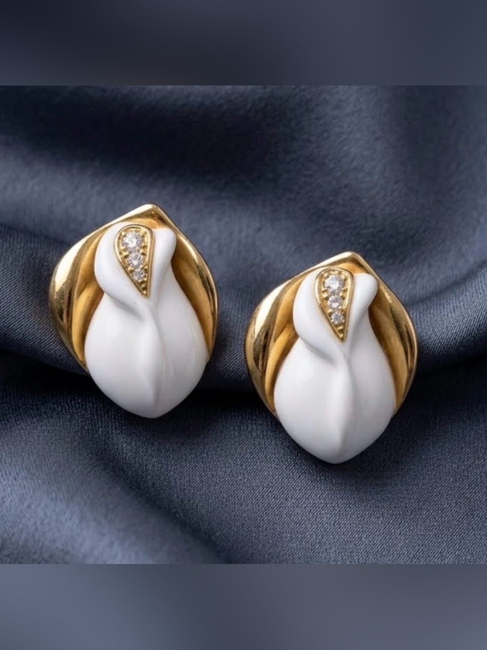 Vintage KJL for AVON Gold & White Rose Clip-On Earrings with Crystals